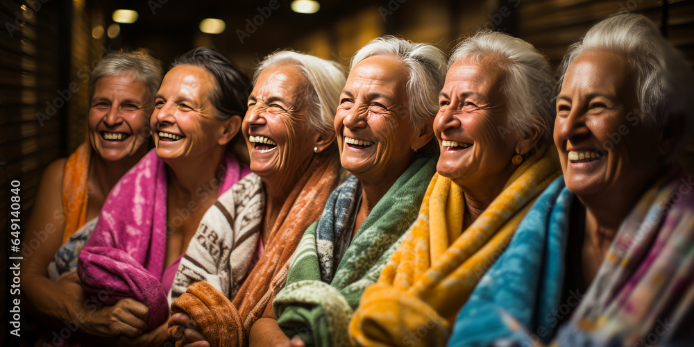 Delightful moment of mature women in towels, joyfully applying facial masks in a rustic sauna with plain wooden background. Perfect for wellness and ageless beauty concepts. - obrazy, fototapety, plakaty 