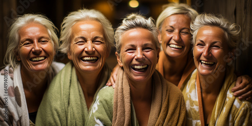 Invigorating scene of joyful mature women, bonding in rustic sauna with face masks - symbol of wellness, lighthearted ageless beauty and rejuvenation.