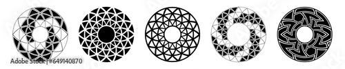 Set of circular geometric ornaments, abstract round meanders, isolated on white background. Tribal ethnic motifs. Stylized sun symbols. Stencil tattoo and prints. Vector monochrome illustration.