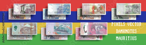 Vector pixel mosaic set of Mauritius banknotes. Bills in denominations of 25, 50, 100, 200, 500, 1000 and 2000 rupees. Collection of game money or flyers.