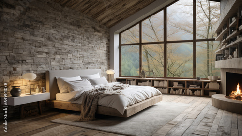 photograph of Rustic interior design of modern bedroom. Created wide angle lens daylight white © JKLoma