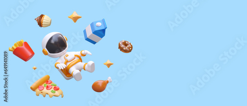 3D astronaut hovers among food. Galactic diet. Fast food, sweets, drinks. Space discounts. Time for snack. Vector concept on blue background. Advertising of pizzeria, cafe, restaurant