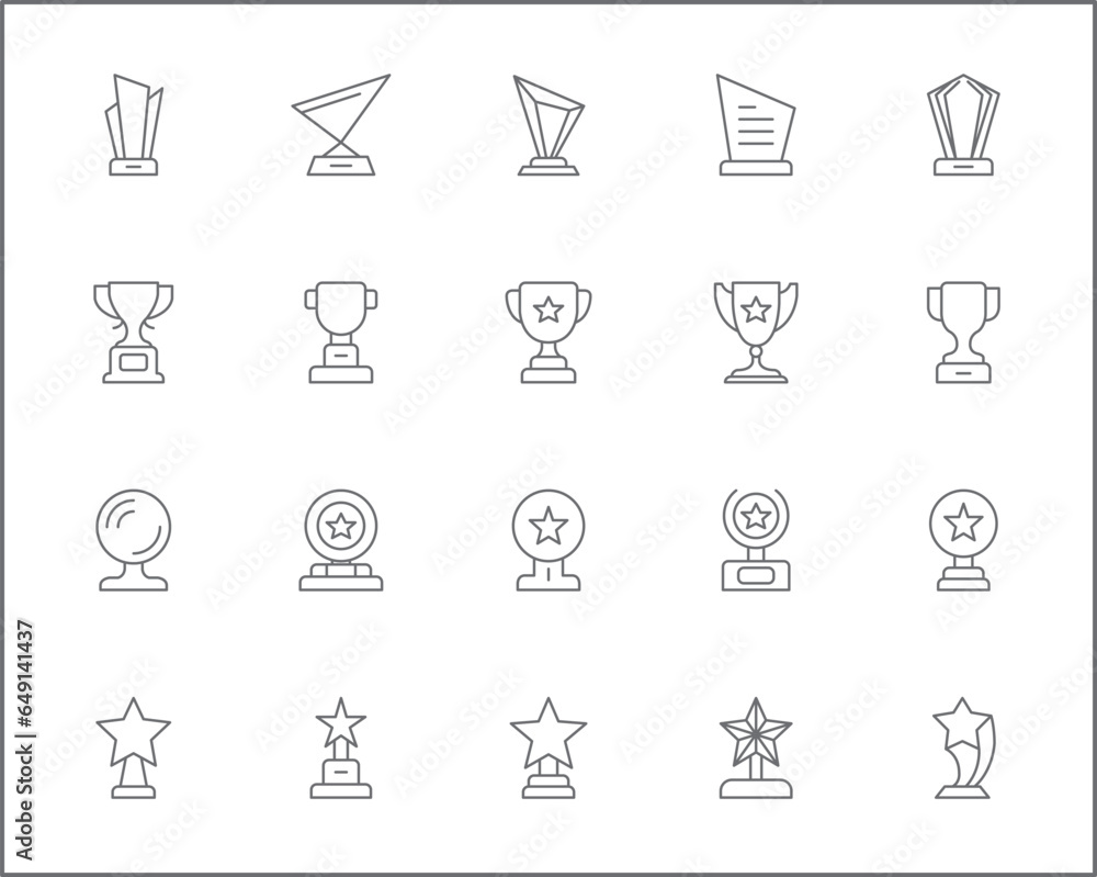 Simple Set of Trophy Related Vector Line Icons. Vector collection of winner, reward, star, award, medal, badge and design elements symbols or logo element. Simple Set of Trophy Related Vector Line Icons. Vector collection of winner, reward, star, award, medal, badge and design elements symbols or logo element.