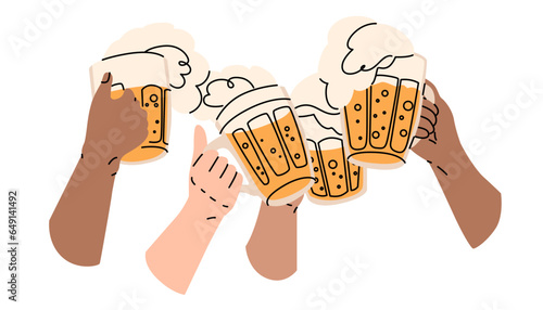 Four human hands with large mugs of foamy beer are extended for a toast. Celebrating a holiday, relaxing on the weekend with friends at the pub. Vector illustration isolated on white background.
