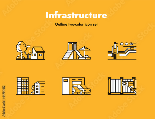 Construction site design elements. Infrastructure and amenities two-color outline icon set. Yellow background