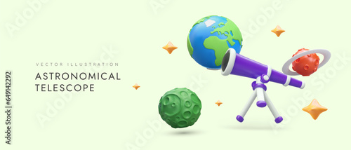 Astronomical telescope on tripod, Earth, planets, stars. Vector concept for planetarium, observatory, astronomy courses, shop accessories for stargazing