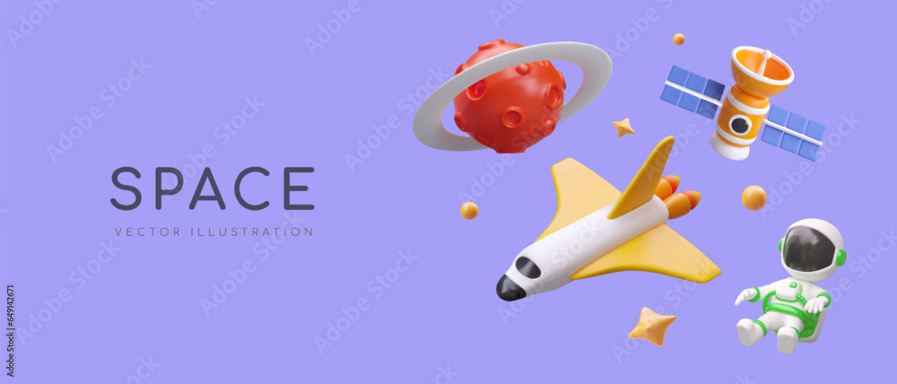Banner with space objects on purple background. Astronaut in open space ...