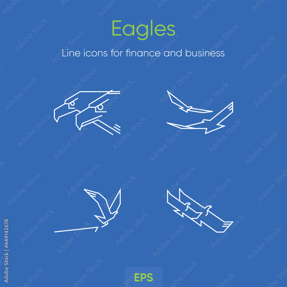 Eagles and Falcons business icon set. Financial, investment line icons
Animal themed line icons for business and finance. Line icon set for businesses and financial markets. Blue set