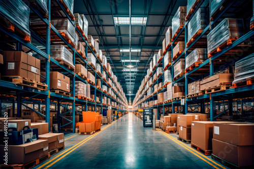 Warehouse with rows of shelves with boxes, logistics concept