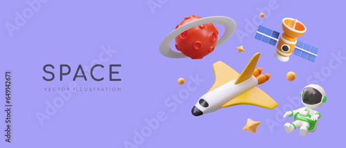 Banner with space objects on purple background. Astronaut in open space, shuttle, satellite, planet, stars. Going into orbit. Journey to other planets. Header for web page