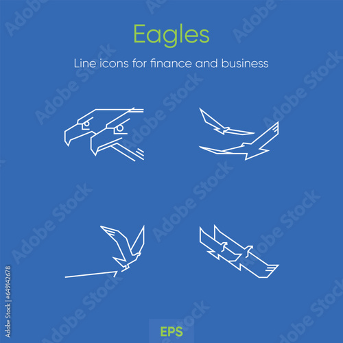 Eagles and Falcons business icon set. Financial, investment line icons Animal themed line icons for business and finance. Line icon set for businesses and financial markets. Blue set