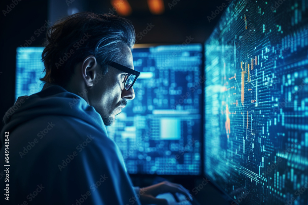Close-up Portrait of Software Engineer Working on Computer, Line of Code Reflecting in Glasses, Developer Working on Innovative e-Commerce Application using Machine Learning, AI Algorithm, Big Data Close-up Portrait of Software Engineer Working on Computer, Line of Code Reflecting in Glasses, Developer Working on Innovative e-Commerce Application using Machine Learning, AI Algorithm, Big Data