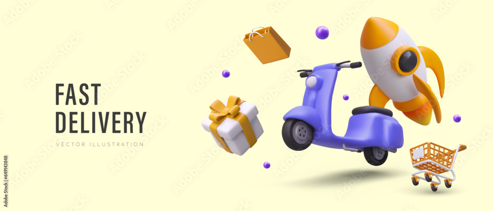 Express delivery. Fast transportation of orders, goods. Store courier service. Vector banner in yellow and purple colors. 3D scooter rushes with speed of rocket Express delivery. Fast transportation of orders, goods. Store courier service. Vector banner in yellow and purple colors. 3D scooter rushes with speed of rocket