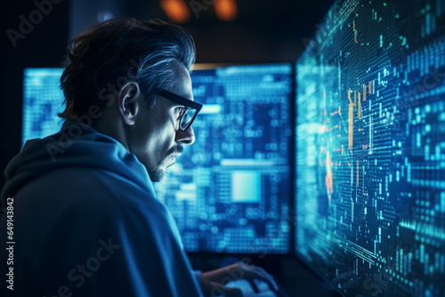 Close-up Portrait of Software Engineer Working on Computer, Line of Code Reflecting in Glasses, Developer Working on Innovative e-Commerce Application using Machine Learning, AI Algorithm, Big Data