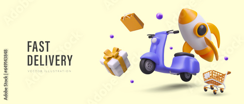 Express delivery. Fast transportation of orders, goods. Store courier service. Vector banner in yellow and purple colors. 3D scooter rushes with speed of rocket