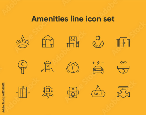 Infrastructure and amenities yellow outline icon set.