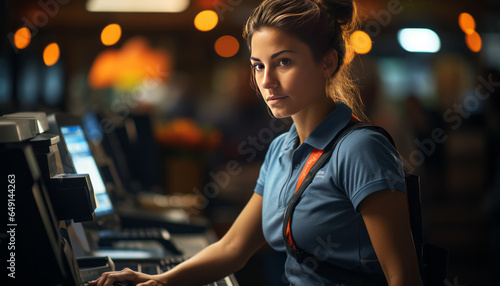 young cashier in a supermarket works behind the cash register as a part-time job.generative ai photo