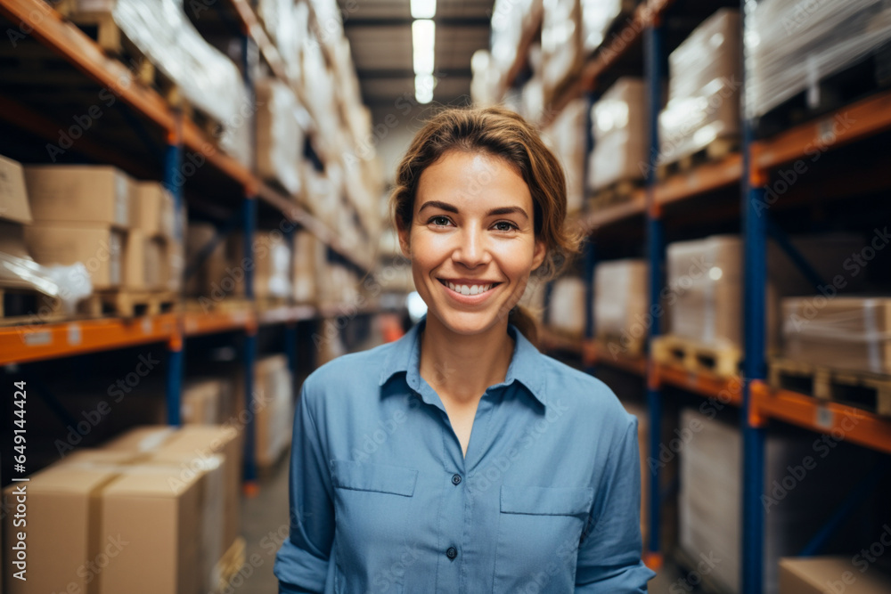 Close-up portrait of a happy young woman working in a distribution warehouse, Female worker looking at camera and smiling in the factory storage room Close-up portrait of a happy young woman working in a distribution warehouse, Female worker looking at camera and smiling in the factory storage room