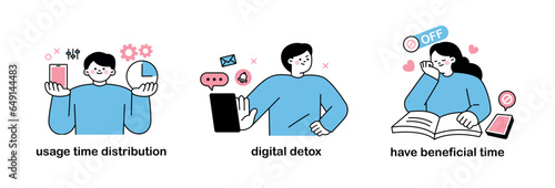 Smartphones and social media. Time distribution, digital detox, have beneficial time.