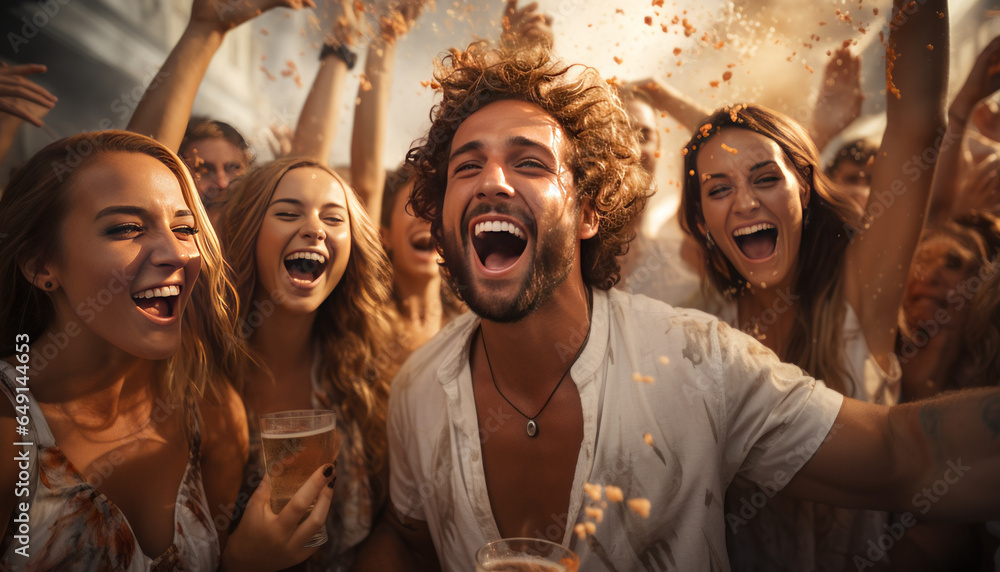 young people cheering with champagne in bright white room.Generative AI. young people cheering with champagne in bright white room.Generative AI.