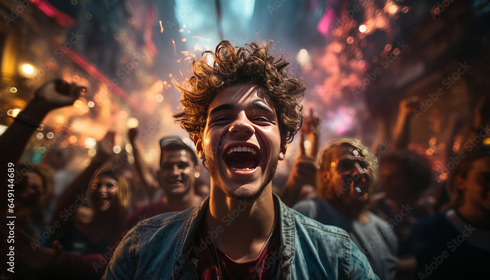 young person in underground disco enjoying and dancing on the dancefloor,neon lights.