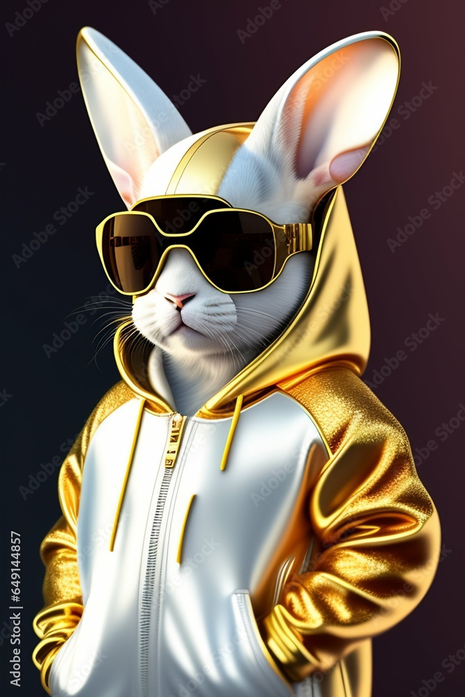 full-bodied portrait, Cute and adorable cartoon white rabbit baby wearing a gold jaguar print hoodie and silver sunglasses, fantasy, dreamlike, surrealism, super cute, trending on artstation