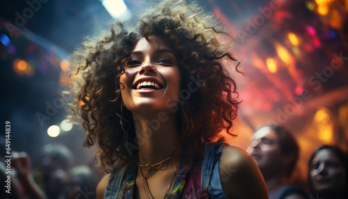 young person in underground disco enjoying and dancing on the dancefloor,neon lights.generative ai © LomaPari2021
