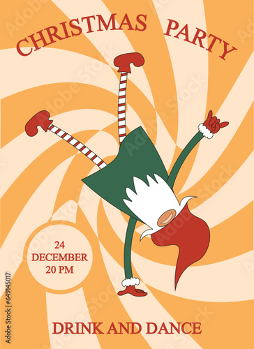Holly Jolly Christmas greeting card with Groovy xmas Elf Character in trendy retro Y2K style. Design party card with funky dance Gnome on circus tent background. Vector art.