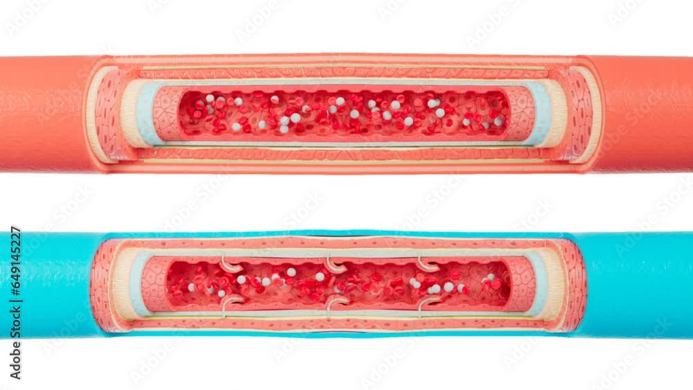 Artery and vein layers and Red and white blood cells flow inside. Blood