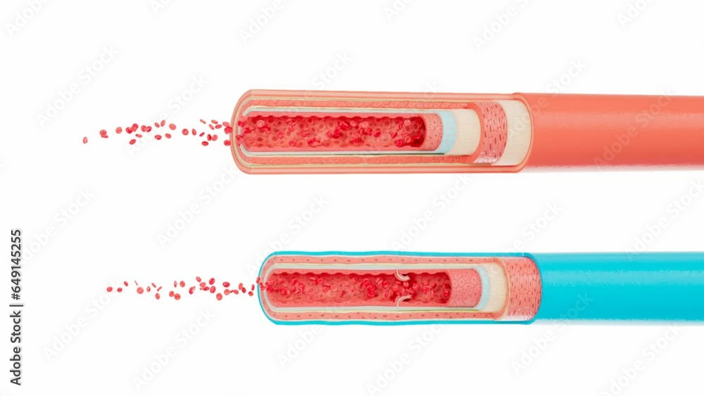 Artery and vein layers and Red and white blood cells flow inside. Blood