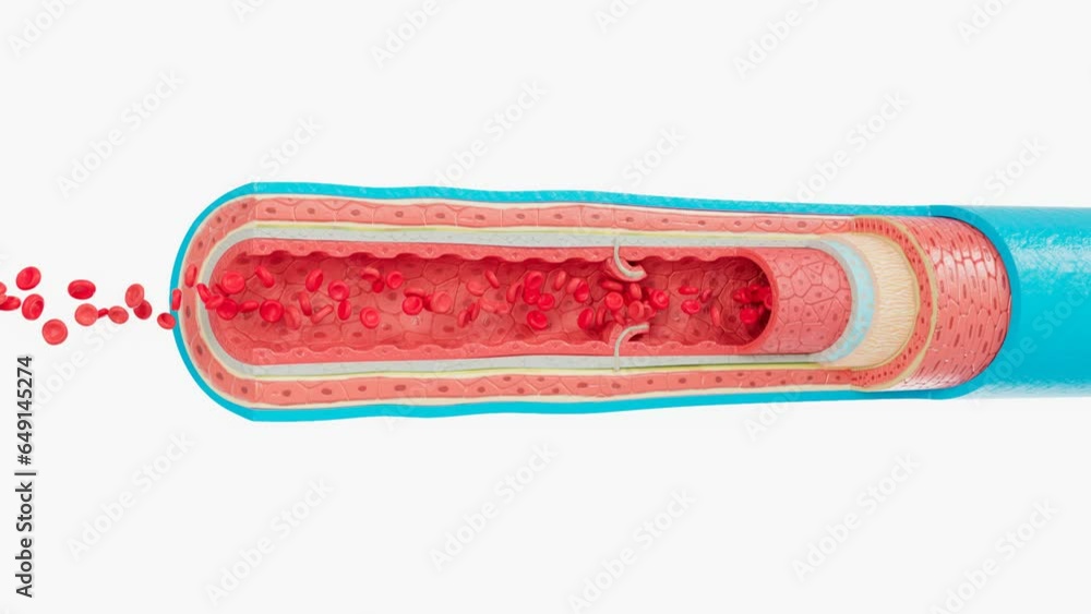 Red blood cells flow inside an Artery, vein. you can see Veinlayers and