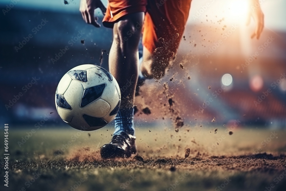 Close-up of a Leg in a Boot Kicking Football Ball, Professional Soccer Player Hits with Fierce Power, Scores Goal, Grass Flying, Football Championship Concept, Low Angle Ground Artistic Shot