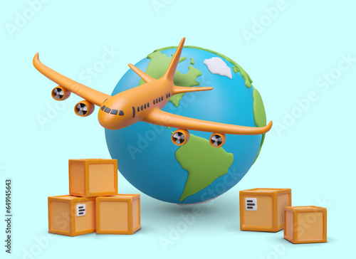 Colorful placard with big planet Earth, yellow airplane and different parcels. Logistic and international delivery concept. Vector illustration with blue background