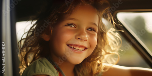 a little girl smiling mischievously out of a car window.generative ai © LomaPari2021