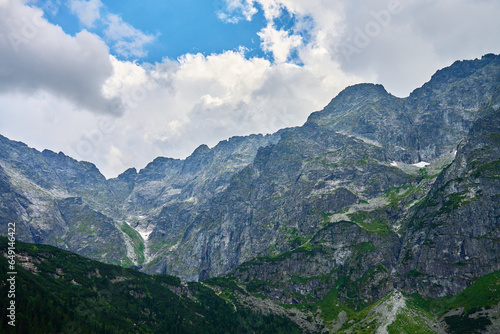 View on mountains peaks in Tatra National park. Rysy mountain ranges. Nature landscape. Famous touristic pace for hiking in Poland