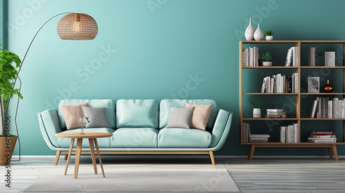 Light turquoise sofa and wooden shelving unit near teal wall. Scandinavian interior design generative ai © LomaPari2021