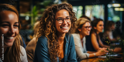 Diverse, empowered women in casual work attire joyfully brainstorming in a modern co-working space, embodying unity, creativity and the spirit of sisterhood.