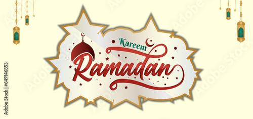 Lettering ramadan kareem islamic arabic typography text for marhaban ya ramadhan sticker with lantern mosque