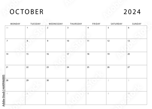 October 2024 calendar. Monday start. Monthly planner template. Vector design