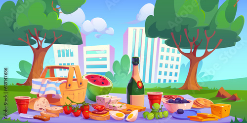 Picnic in city park on grass with basket cartoon background. Cloth on field with wine bottle, cheese, tomato and hamper for takeaway food. Simple travel recreation meal setup and urban skyscraper view