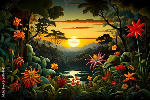 Impressionist Style Image of the Amazon Rainforest at Sunrise