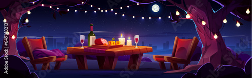 Romantic picnic in city park with table and chair vector background illustration. Outdoor date dinner setup with cityscape view. Cheese, sausage and wine bottle above starry sky backdrop concept.