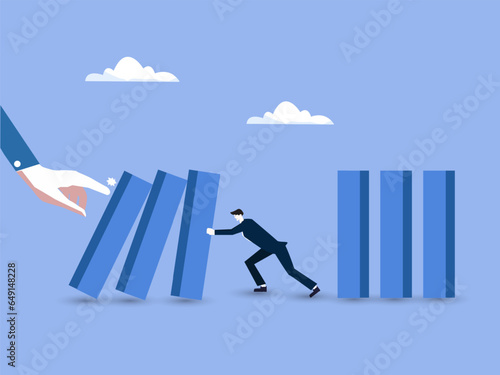 Risk management, control danger, lost or damage from crisis or accident, management and investment strategy, assessment level concept, businessman stop risk of domino effect from threats and disaster.