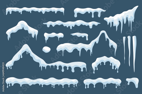 Snow ice caps mega set elements in flat design. Bundle of snowy ice and snowcaps with frozen icicles on house roof shapes, freeze borders with drip effect. Vector illustration isolated graphic objects