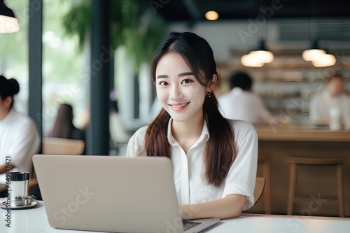 Portrait of Happy Asian Female Student Learning Online in Coffee Shop, Young Woman Studies with Laptop in Cafe, Doing Homework © CYBERUSS