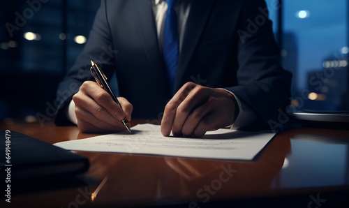 The main director is signing a contract paper with a pen on the office table, AI generative
