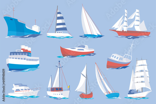 Water transport mega set elements in flat design. Bundle of cruise liner, ships, sailboats, frigate, yachts and other floating or shipping marine vehicles. Vector illustration isolated graphic objects