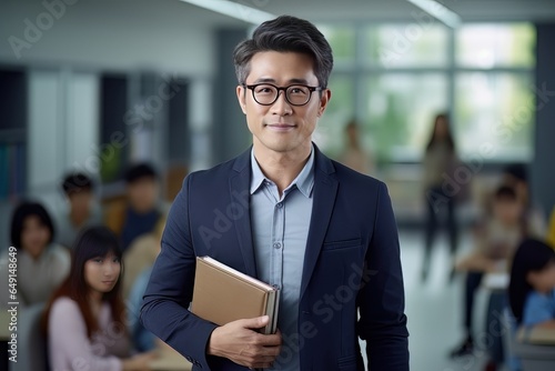 Portrait of Happy Asian Male Teacher with a Book in School, Young Man Tutor Smiling and Looking at the Camera