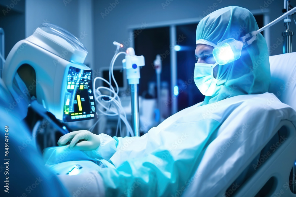 Photo of a surgeon performing a delicate procedure on a medical machine in a hospital operating room Photo of a surgeon performing a delicate procedure on a medical machine in a hospital operating room