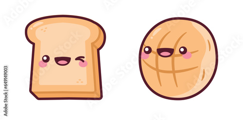 Cute Kawaii Baked Pastry Toast And Circle Baguette Food Cartoon Illustration